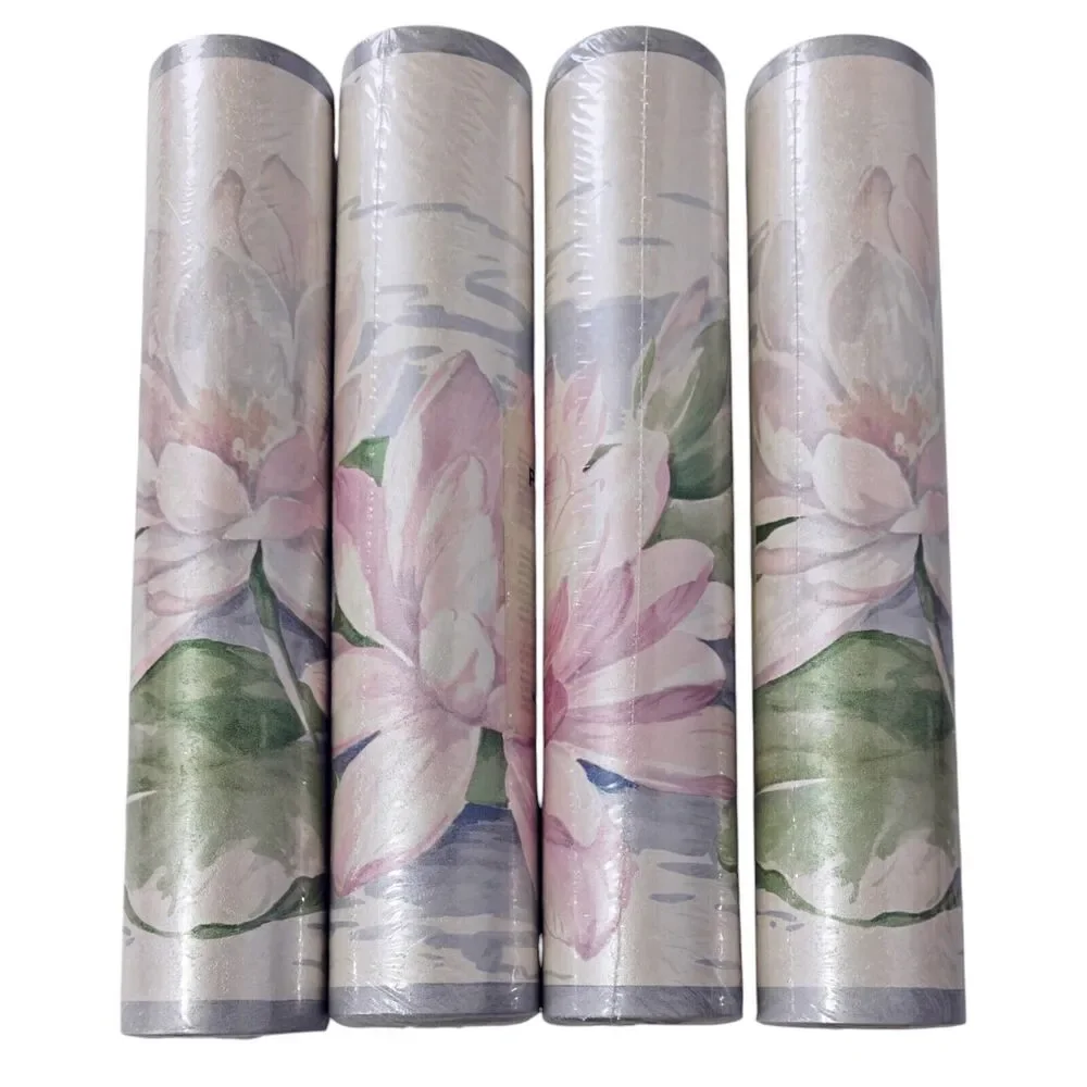 4 Rolls Vintage Wallpaper Border New Waterlily Lotus Pink Blue Floral Cottage